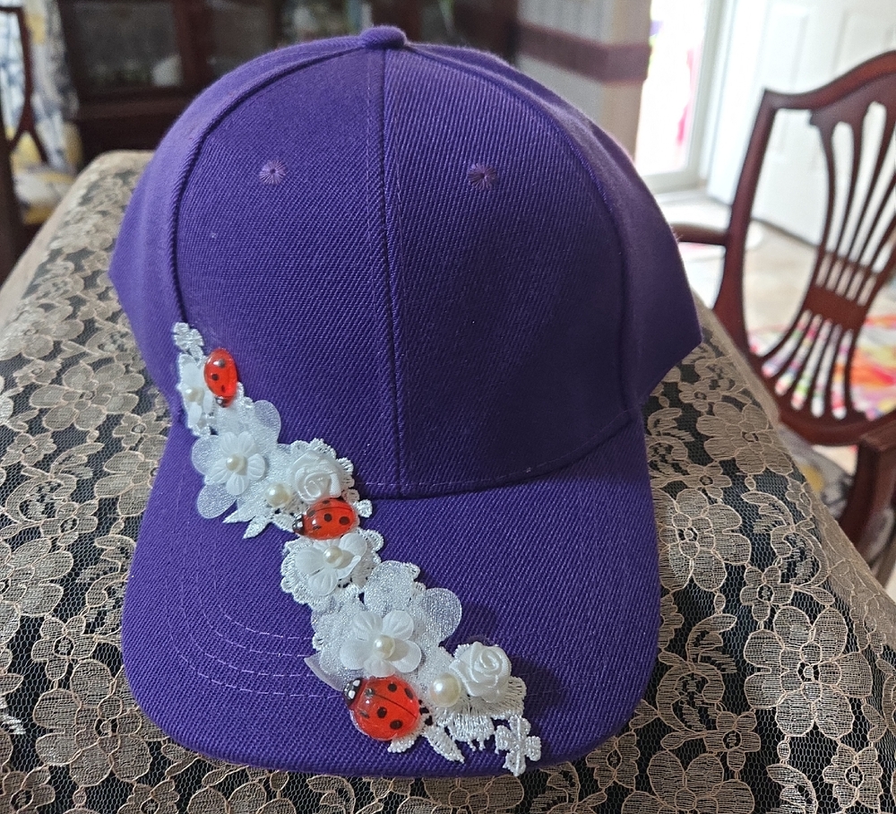 Purple Baseball Cap with Floral and Ladybug Accents